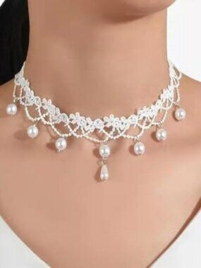 White Lace Pearls Choker Necklace Bride Wedding Prom New